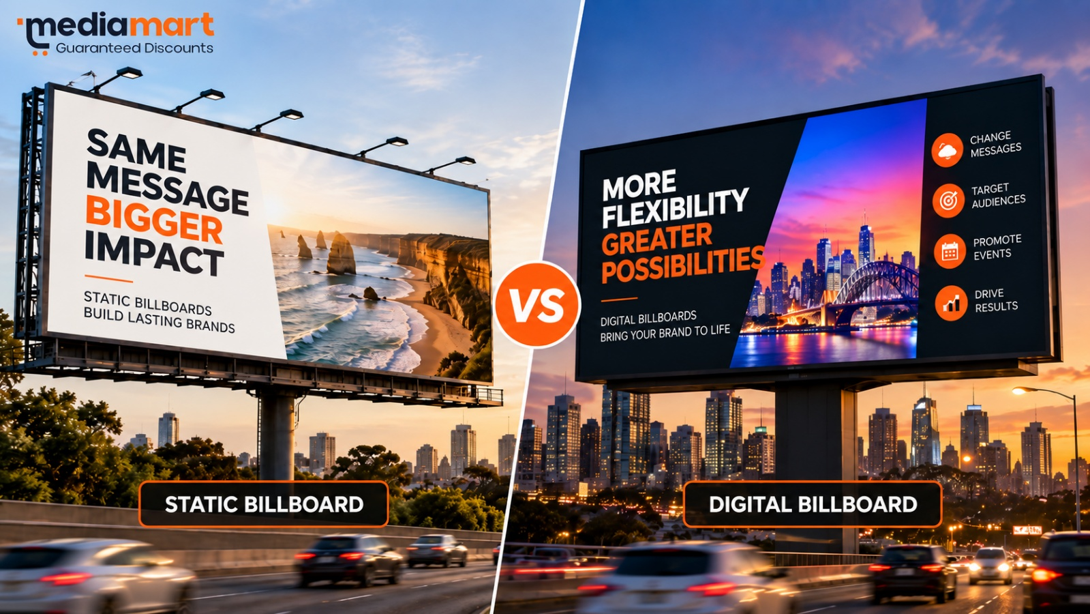 Digital billboard vs static billboard comparison showing day and night outdoor advertising formats