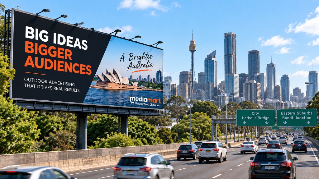 Media Mart outdoor billboard advertisement along a busy Sydney highway with the Sydney city skyline in the background