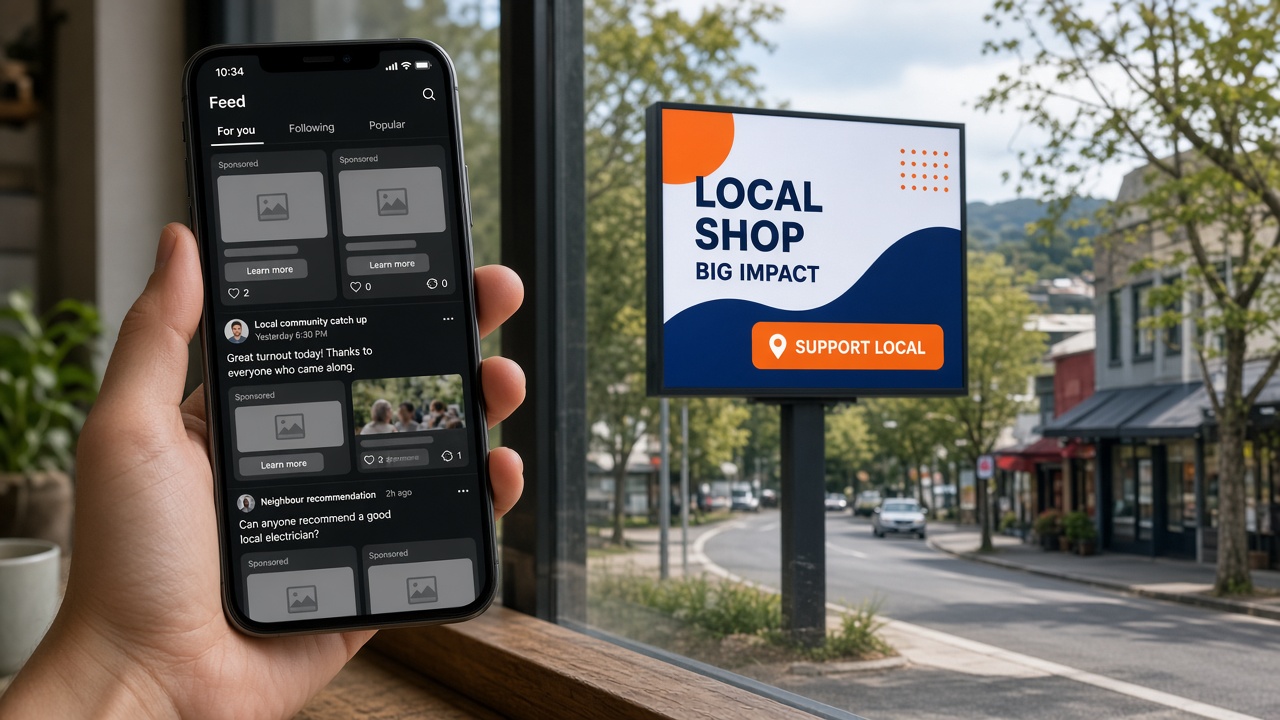 Phone showing ignored sponsored ads beside a local digital billboard promoting a neighbourhood shop