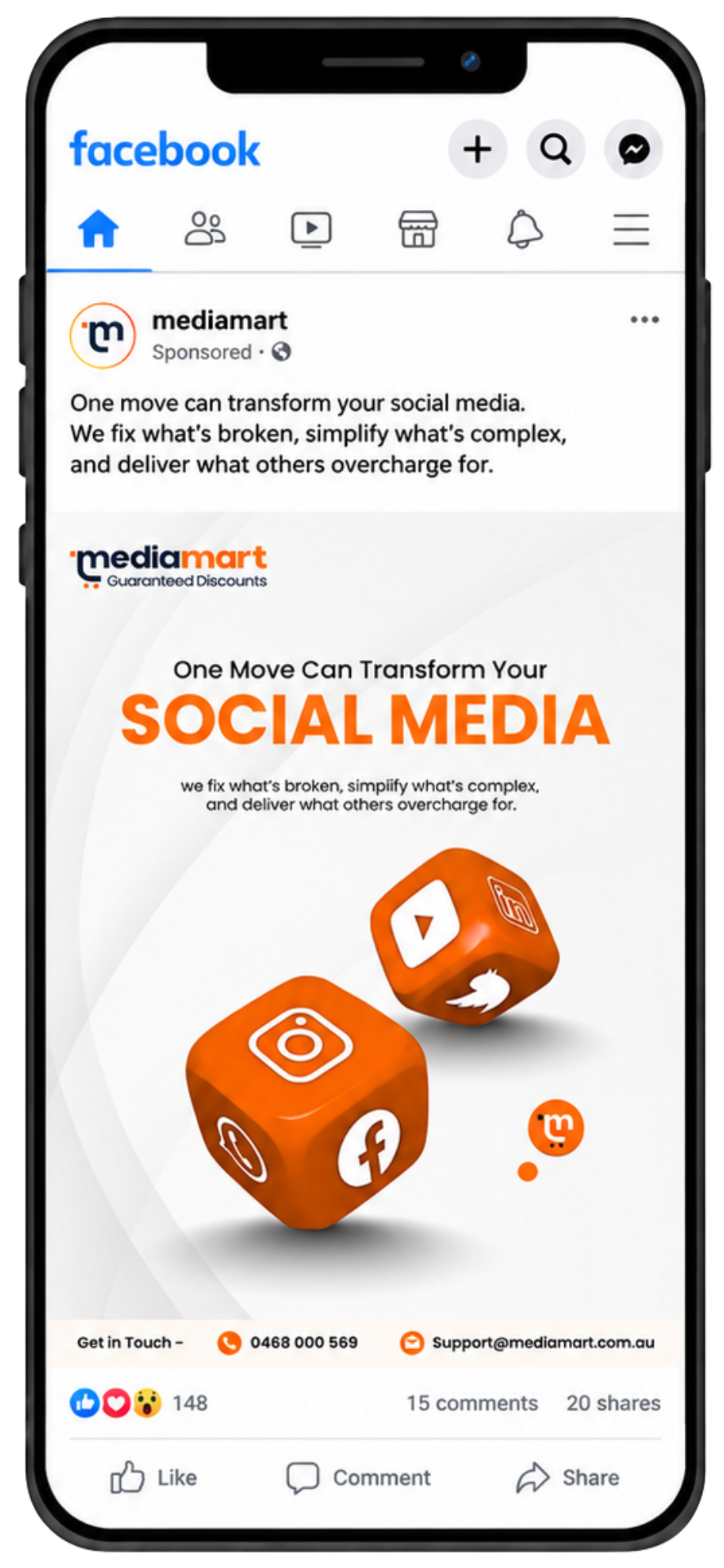 Media Mart Facebook sponsored post mockup on a smartphone