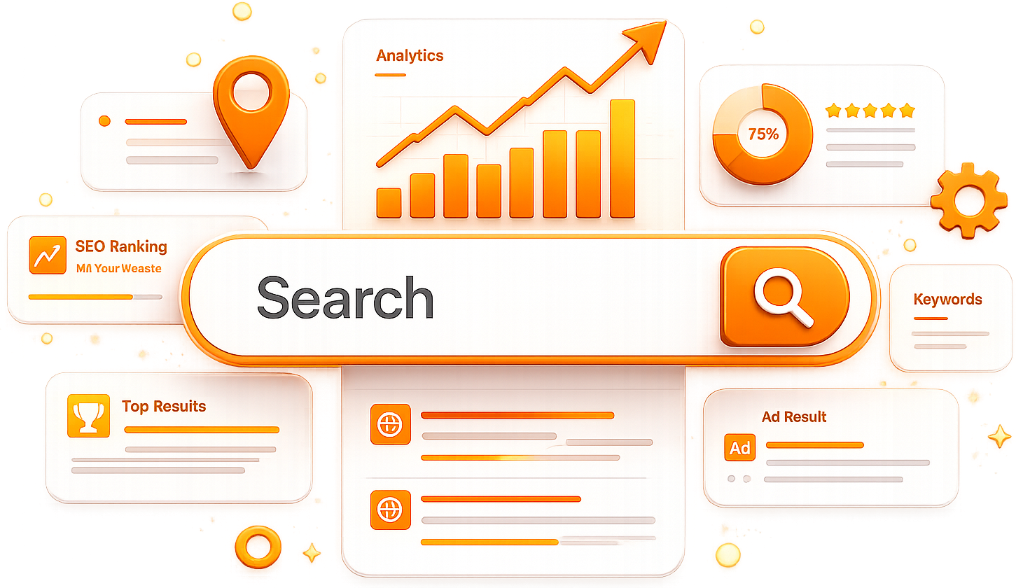 Media Mart SEO services mockup showing search rankings and analytics